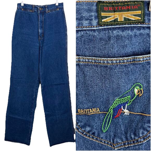 Brittania Vintage 70s High Rise Jeans Size 9/10 Parrot Embroidered Pocket - Picture 1 of 8